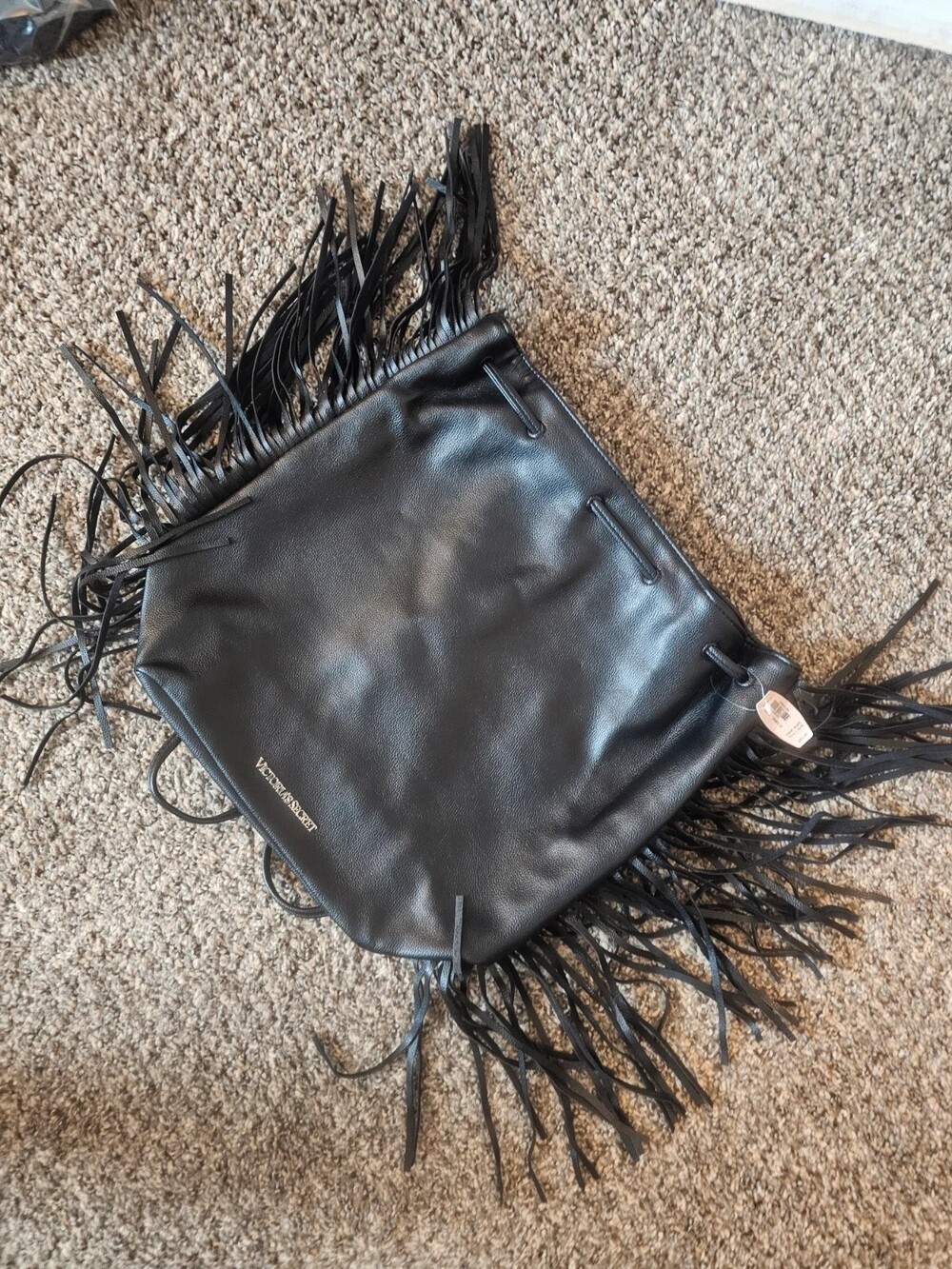 Victoria’s Secret Black Faux Leather Fringe Drawstring Backpack Purse Boho
